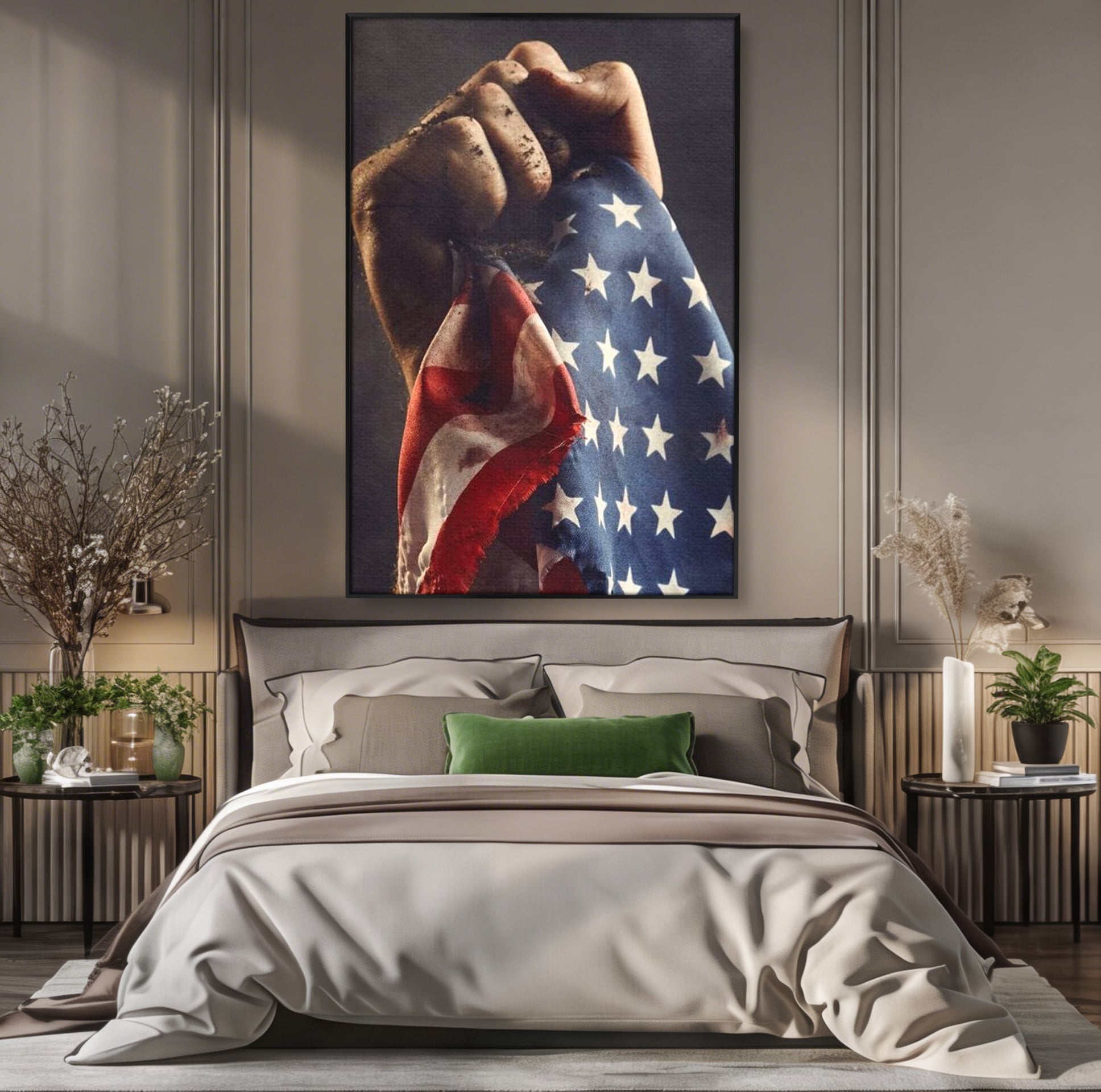 Tablou canvas cu tablou canvas cu mana murdara tinand steagul sua, in rama de aluminiu negru, pe perete intr-un dormitor